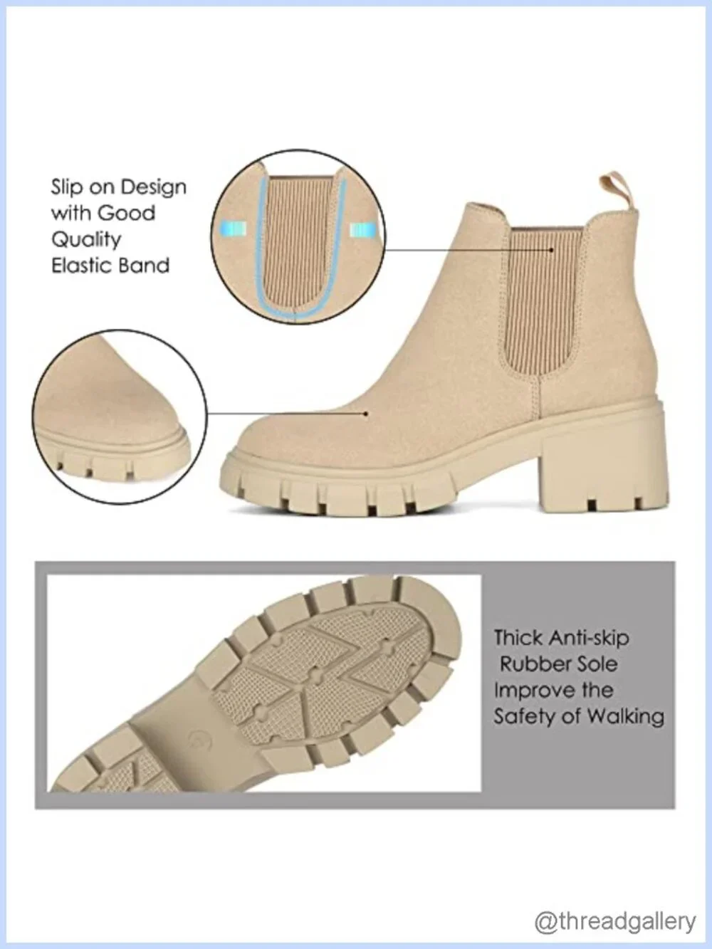 Fashion Suede & Waterproof Leather Chelsea Booties Chunky Heel Lug Sole Slip On